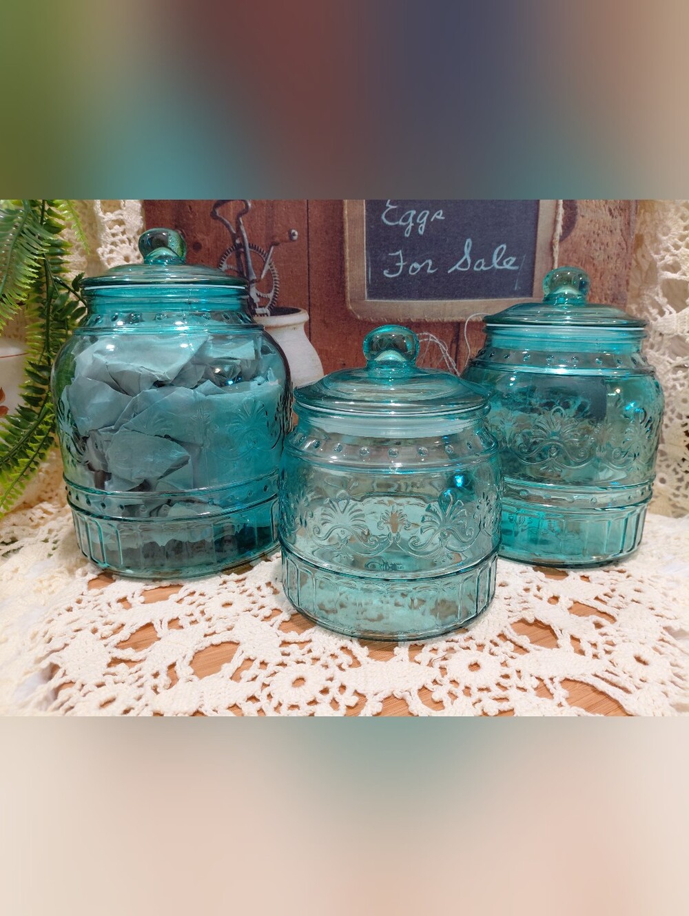 The Pioneer Woman Teal Cassie Embossed Glass Canister Trio with Lids